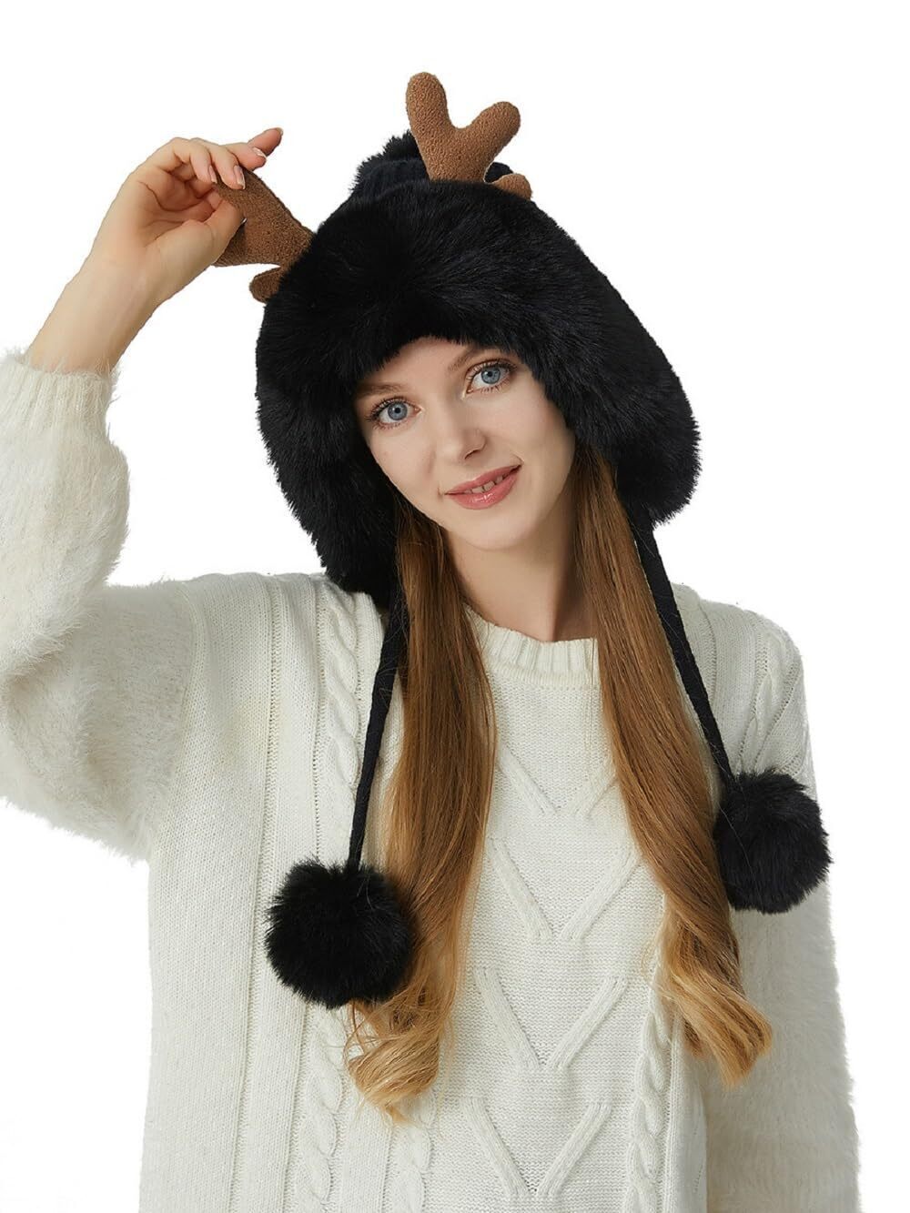 6732 Winter Warm Fluffy Knit Hooded Hat Cute Deer Antler Pompom Skull Cap
